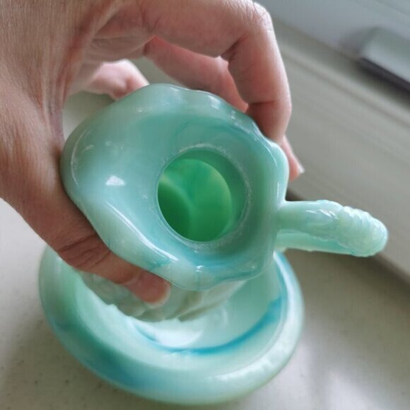 Vintage Avon Blue Roses Glass Mini Pitcher and Dish, Victoriana Jadeite Milk - Picture 3 of 4